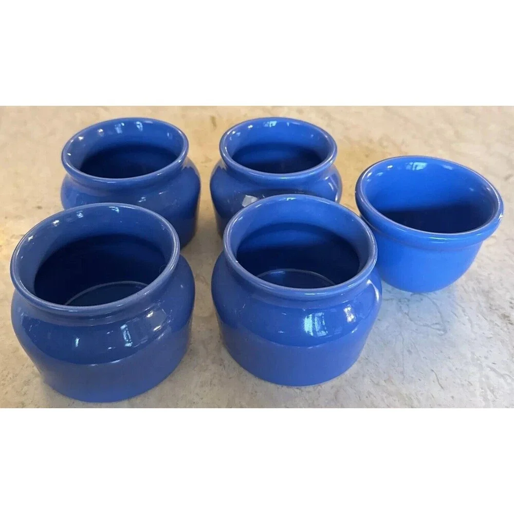 Vintage Oxford Ware Set of 4 Mini Beanpots + 1 Bowl , 3 1/4” Diameter. Blue USA